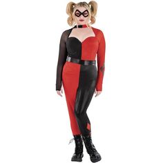 a woman wearing a red and black catwoman costume