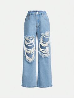 Jeans Da Ragazza Casual Stile Street Style Lavaggio Chiaro Effetto Consumato A Gamba Dritta Corta Con Fori Strappati Lavaggio chiaro    Denim Colore unico Taglio dritto Non-Elastico  Tween Girls Clothing, size features are:Bust: ,Length: ,Sleeve Length: Cheap Ripped Light Wash Bottoms, Baddie Pants, Cheap Ripped High Waist Jeans, Ripped Jeans For Girls, Shein High Waisted Graphic Ripped Jeans, Ripped Jeans For Kids 10-12, Street Style Jeans, Cute Pants