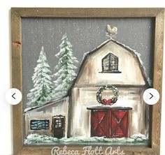 a painting of a barn with christmas wreaths on the door and two red doors