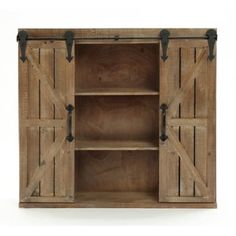 a wooden cabinet with two open doors on one side and three black handles on the other