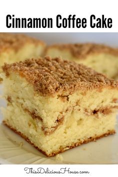 a close up of a piece of cake on a plate with cinnamon coffee cake in the background