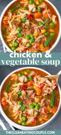 two bowls filled with chicken and vegetable soup