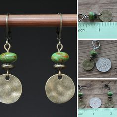 Rustic Brass Drop Earrings, Nickel-free Brass Earthy Earrings, Earthy Nickel-free Brass Earrings, Earthy Bronze Brass Earrings, Green Rustic Dangle Earrings, Rustic Green Dangle Earrings, Bohemian Metal Earrings With Lever Back Ear Wires, Bohemian Metal Earrings With Lever Back, Bohemian Earrings With Lever Back Ear Wires