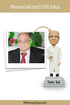 a personalized gift idea with a bobble head and an image of a man in a lab coat