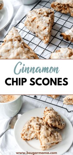 cinnamon chip scones on a cooling rack with coffee in the background and text overlay