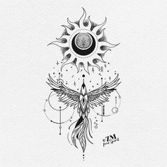 a drawing of a bird with the sun and moon in it's back end