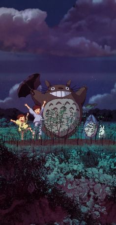 two people holding umbrellas standing in front of a totoro and other characters