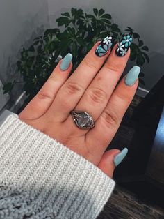 Acrylic Nail Designs Turquoise, Spring Teal Nails, Black Spring Nail Designs, Spring Nails With Black, Teal Nails With Flowers, Black And Floral Nails, Teal Flower Nails, Floral Nails Long, Spring Nails Teal