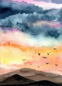 a watercolor painting of birds flying in the sky at sunset with mountains and clouds