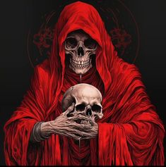 a skeleton holding a human skull in its hands with a red cloak over it's head