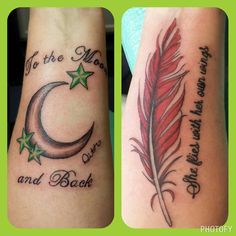 two different tattoos with words and stars on their arms, one has a feather and the other is a crescent