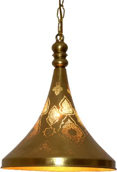 a brass colored light hanging from a chain on a white background with an ornate design