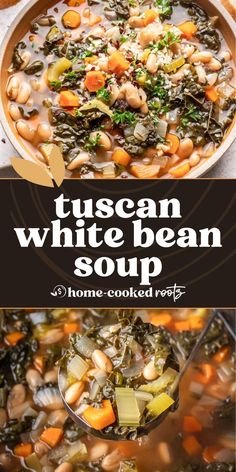 two pictures with different types of soup in them and the words tuscann white bean soup