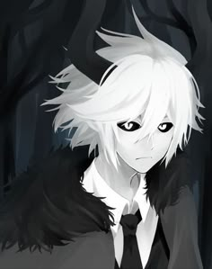 an anime character with white hair wearing a black suit and tie in front of trees