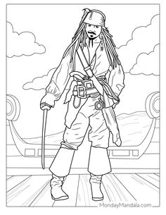 a coloring page with a pirate standing on the deck in front of an ocean and sky background