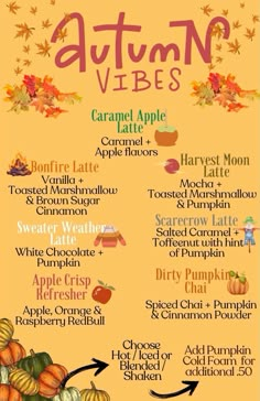 the autumn vibes menu with pumpkins, apples and other things to eat on it