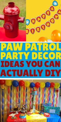 a party decoration with balloons, streamers and fire hydrant in the background is an advertisement for paw patrol party decor