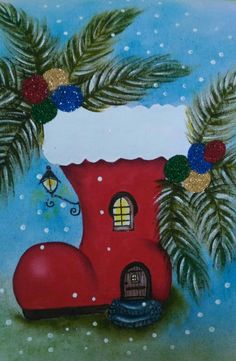 a painting of a red boot with christmas decorations on it