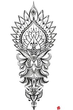 a black and white drawing of a flower with an intricate design on the bottom half of it