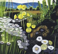 a painting of flowers and rocks in the grass