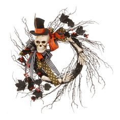 a skeleton wearing a top hat, scarf and bow tie holding a wreath with leaves