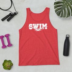 Swim Unisex Tank Top. A classic, staple tank top. A timeless piece intended for anyone looking for great quality and softness. The perfect tank for swim meets, work outs or just everyday wear. Moisture-wicking Tops For Water Sports In Summer, Summer Moisture-wicking Tops For Water Sports, Casual Stretch Tops For Water Sports, Basic Moisture-wicking Tank Top For Gym, Summer Workout Stretch Tank Top, Stretch Summer Workout Tank Top, Summer Gym Tank Top With Tank Straps, Stretch Summer Tank Top For Workout, Summer Sports Tank Top