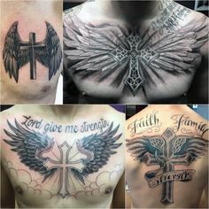 four different tattoos on the chest and back of men with cross, angel wings and words