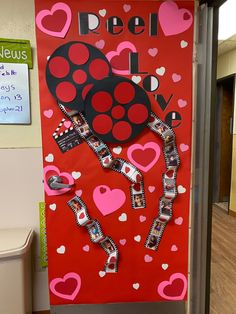 Getting the classroom ready for Valentine’s Day we decorated the door and the “film” for the reels has pictures of the kids February Crafts, Door Decorating Contest