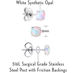 Popular opal style. 3 pairs of stud earrings! 316L surgical grade stainless steel posts. Friction backings to secure these mesmerizing beauties in your pierced ears. Each pair has a different stud size to create multiple looks. What are you waiting for? Grab your set of 3 pairs of divine white synthetic opal stud earrings before you miss out! Specifications: 316L Surgical Grade Stainless Steel Post with Friction Backings. 3mm, 4mm, and 5mm Sold as a Pack of 3 Pairs of Stud Earrings Hypoallergenic Round Surgical Steel Earrings, White Hypoallergenic Stainless Steel Earrings, Hypoallergenic White Stainless Steel Earrings, Divine White, Earring Pack, Opal Stud Earrings, Synthetic Opal, Opal Earrings Stud, Opal Studs