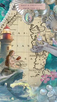 an altered photograph of a mermaid sitting on top of a map with shells and seashells around it