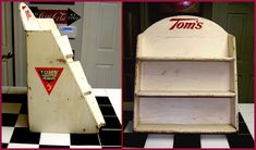 an old fashioned tom's store display with two shelves