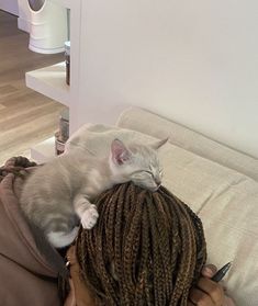 a cat laying on top of a person's head with dreadlocks in front of them