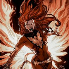 a drawing of a woman with red hair and an evil look on her face, standing in front of flames