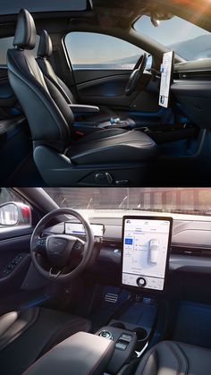 the inside and outside view of a car with leather seats, steering wheel controls and dashboard