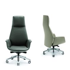 two office chairs side by side, one in grey and the other in light green