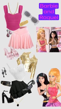 barbie dolls are dressed up in pink and gold