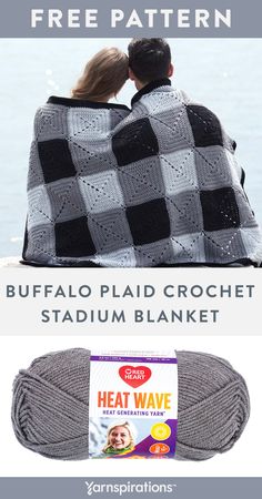 two people sitting on a bench with a blanket over their shoulders and the text, free pattern buffalo plaid stadium blanket