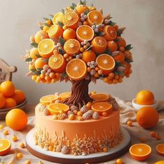 an orange tree is on top of a cake