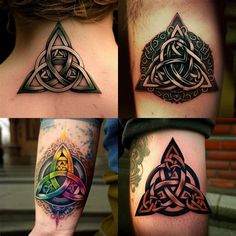 four different tattoo designs on the arms and legs, each with an image of a celtic knot