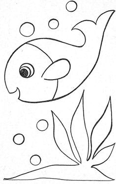 a drawing of a fish in the water with bubbles and leaves on it's side