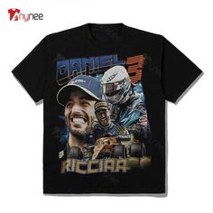 a black t - shirt with an image of two men in racing gear on it