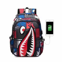 Shark Pattern Backpack, Trendy Nylon Student School Bag, Lightweight Travel Bookbag With Usb Charging Red Bag For Back To School Streetwear, Red Bags For Back To School Streetwear, Casual Backpack For End Of School Year, Casual Back To School Bag, Multicolor Nylon Bag For End Of School Year, Trendy Black Bag For End Of School Year, Shark Backpack, High School Backpack, Laptop Travel