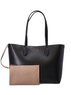 black leather gold-tone logo lettering removable pouch two long top handles main compartment Black Leather Tote Bag, Kate Spade Totes, Kate Spade Tote Bag, Tote Bag Black, Harvey Nichols, Leather Tote Bag, Kate Spade New York, Womens Tote Bags, Long Tops