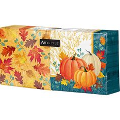 an artistic box with fall leaves and pumpkins on it