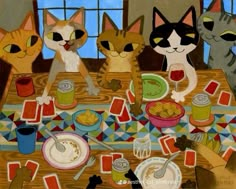 a painting of cats sitting at a table with food and drinks in front of them