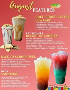 the menu for an ice cream sundae with different flavors and toppings on it