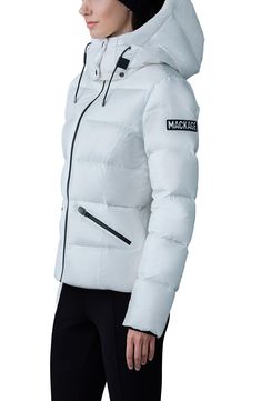 Designed with a signature sleek fit and full functionality, this down puffer jacket features lined zip pockets and an adjustable storm visor to keep out cold. Timeless tiers and a lustrous high-shine finish mean you'll actually feel stylish wearing it, while a removable hood gives you options. 23 1/2" length (size Medium) Lined, with down fill 100% recycled nylon Machine wash, tumble dry Imported Winter White Down Puffer Jacket With Detachable Hood, Sporty Quilted Down Puffer Jacket, Fitted Functional Puffer Outerwear, Modern Down Puffer Jacket For Winter, Fitted Nylon Puffer Jacket Functional Style, Functional Fitted Nylon Puffer Jacket, Fitted Nylon Puffer Jacket, White Nylon Puffer Jacket With Detachable Hood, Fitted Down Puffer Jacket