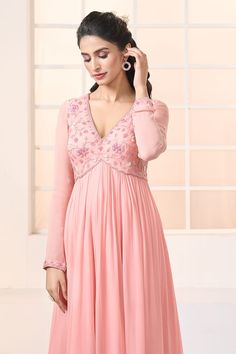 Peach anarkali with floral embroidered yoke and sleeves. Comes with scattered embroidered, lace trim dupatta and plain churidar. - Aza Fashions Churi Sleeves, Peach Anarkali, Embroidered Anarkali, Churidar, Embroidered Lace, Set For Women, Anarkali, Aza Fashion, Lace Trim