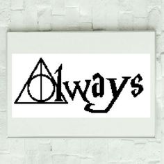 the harry potter cross stitch pattern is displayed on a white brick wall in front of a black and white frame