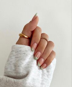 Green French Tip Nails Almond, Tip Nails Almond, French Tip Nails Almond, French Almond Nails, French Almond, Mauve Nails, Green French, May Nails, Graduation Nails